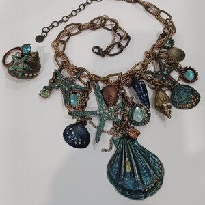 Mermaid Shell Necklace with Ring Set Brass Color